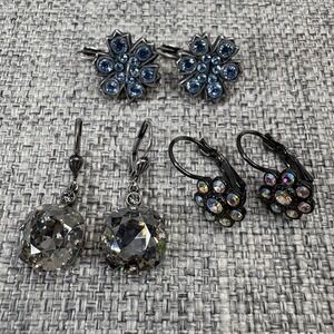 Vintage Style Crystal Earring Set 3 Pairs Blue Floral Iridescent Gunmetal Drop